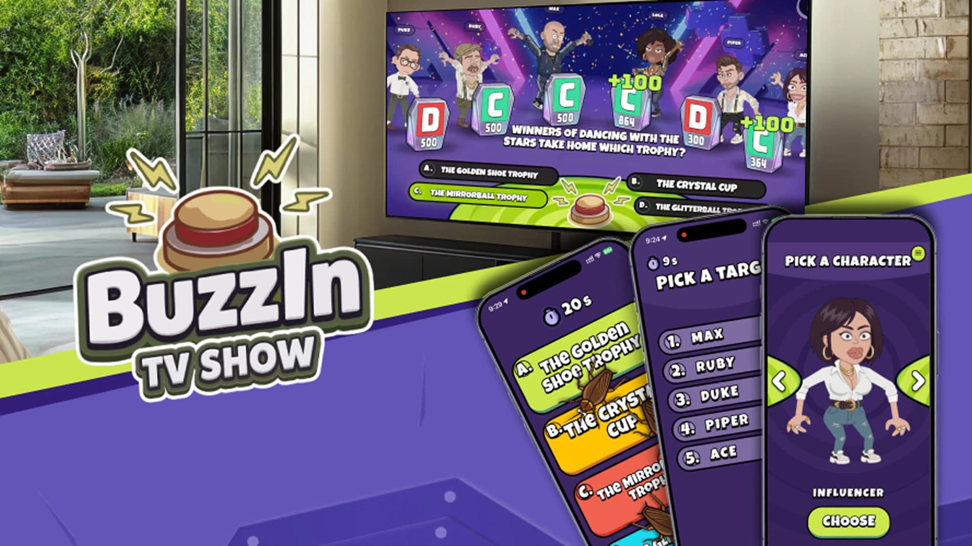 Buzzin game show rendered on a living-room TV