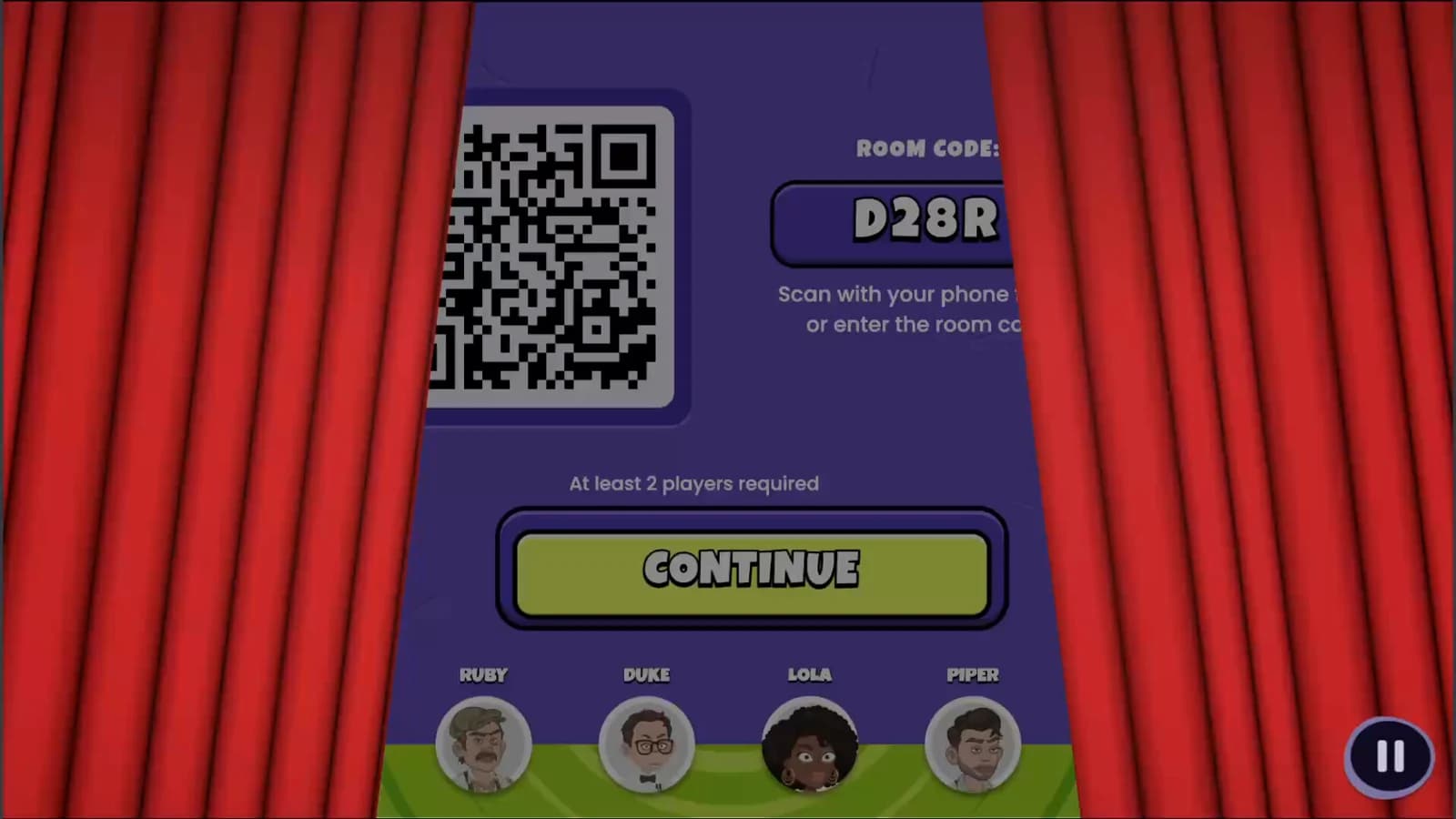 Buzzin lobby on the TV: a QR code, the room code and the players who already joined
