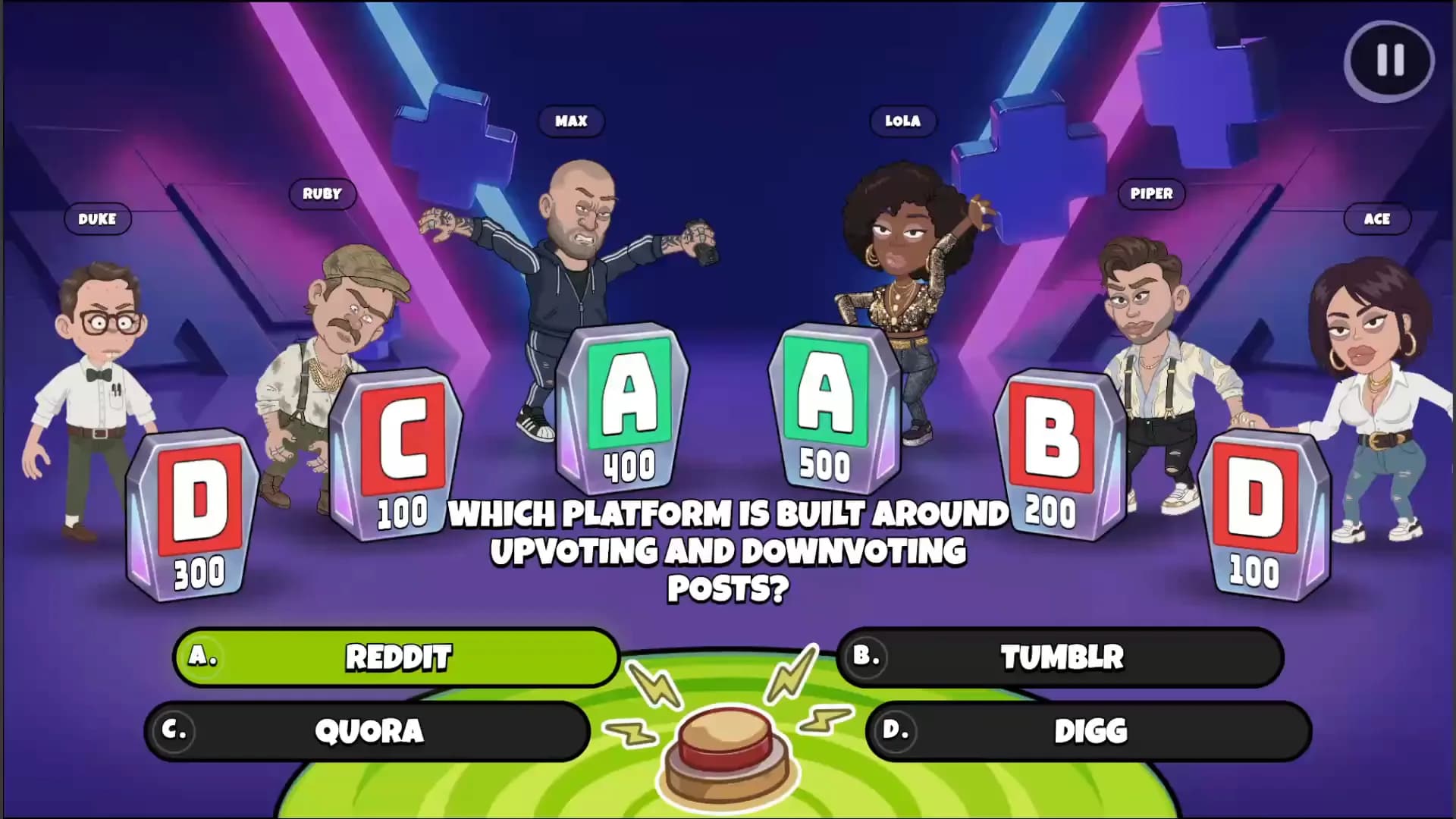A question on the TV stage, with the cast in frame