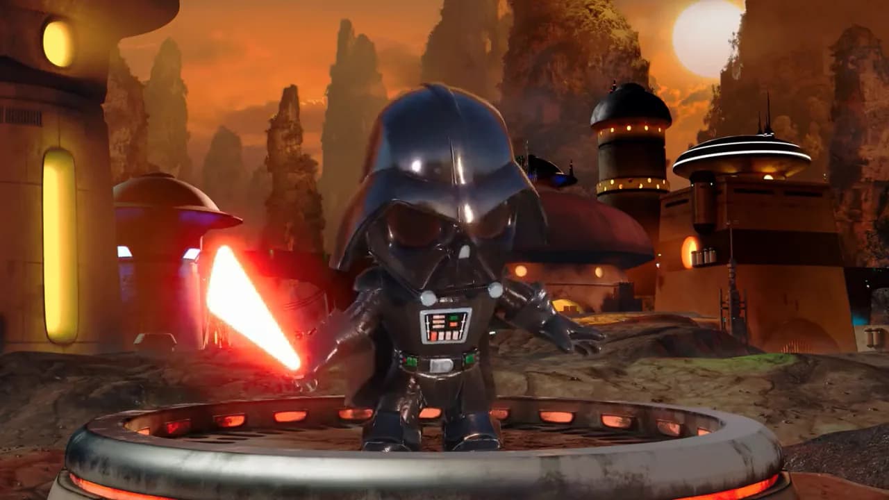 Nagranie z aplikacji Digitoys: logo Star Wars na tle gwiazd, skok w nadprzestrzeń, kostka blind box na platformie, która pęka i odsłania blister z Darthem Vaderem, a potem figurka Dartha Vadera z czerwonym mieczem świetlnym.
