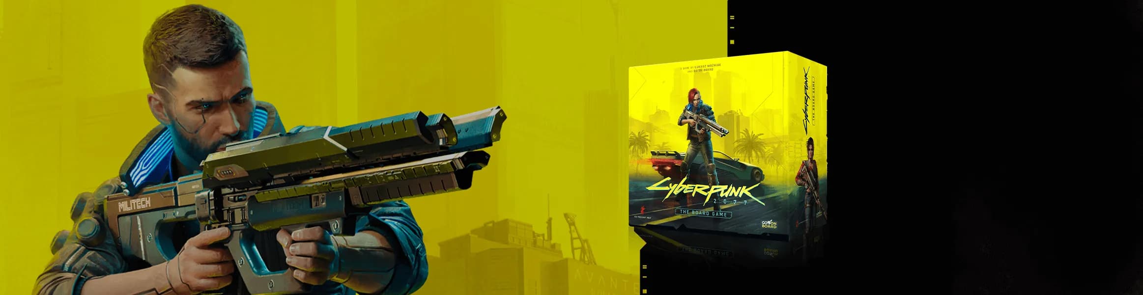 Grafika Cyberpunk 2077 - The Board Game: V celuje z karabinu na tle Night City, obok pudełko gry