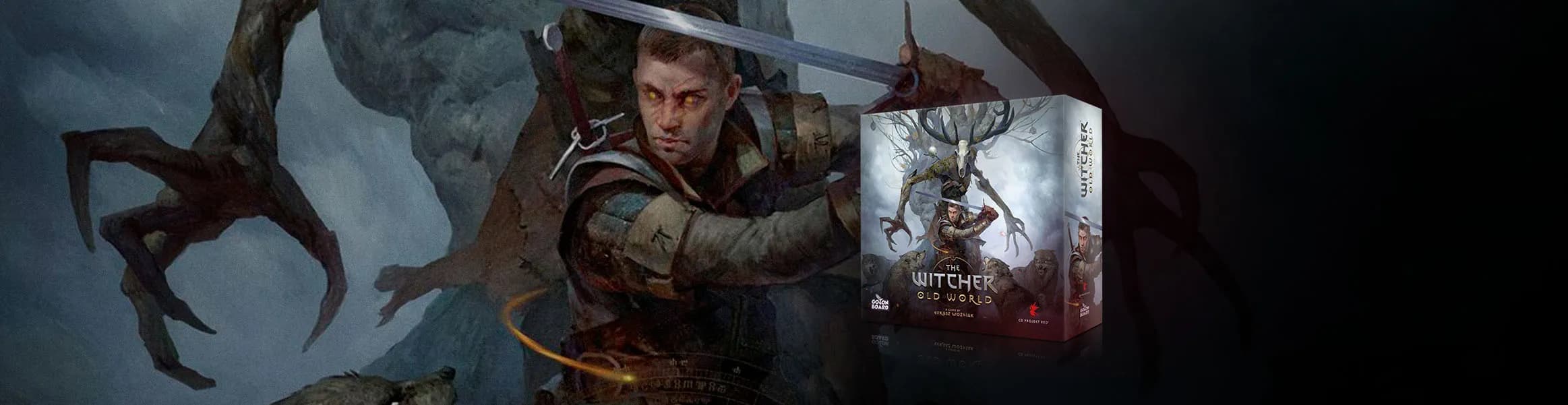 Grafika The Witcher: Old World: wiedźmin dobywa miecza przeciw ogromnemu potworowi, obok pudełko gry