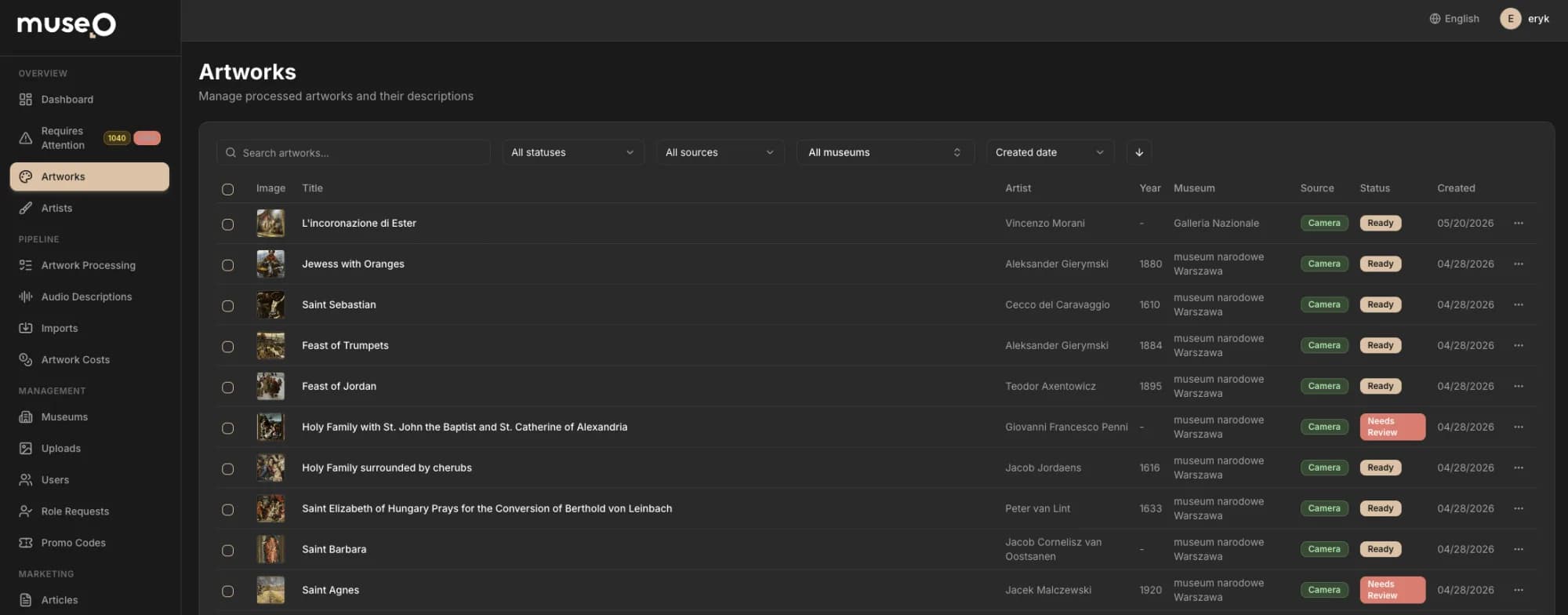 Museo admin panel — artworks management dashboard
