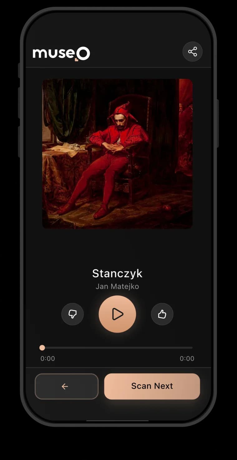 Museo app — Stańczyk artwork detail with the play button