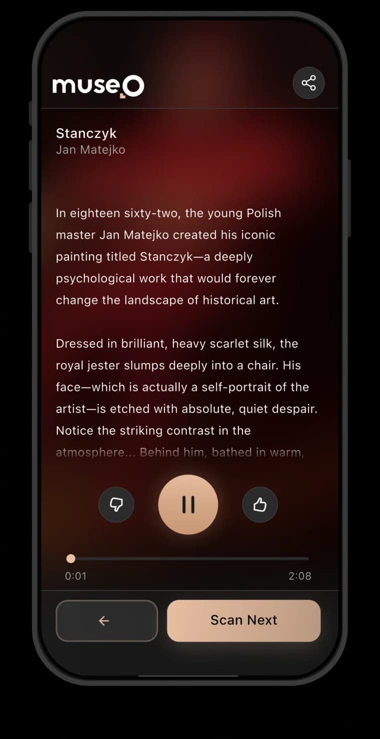 Museo app — playing the AI narration for Stańczyk
