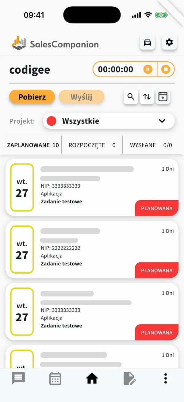 The Sales Companion dashboard: work timer, download and send buttons, project filter, planned visits with their status