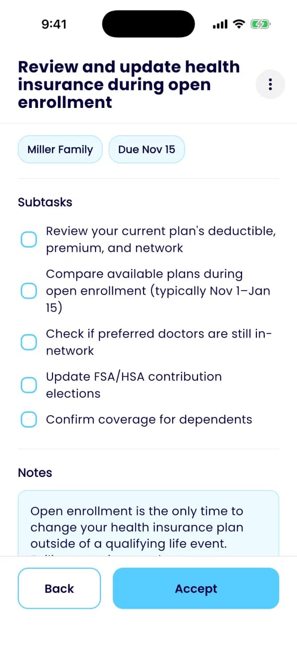 Prenta app: a suggestion with its subtasks and notes, and an Accept button