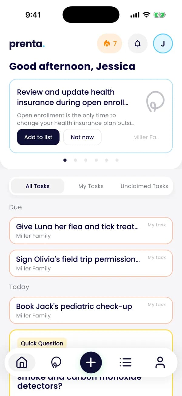 Prenta app: home with today's suggestion and tasks