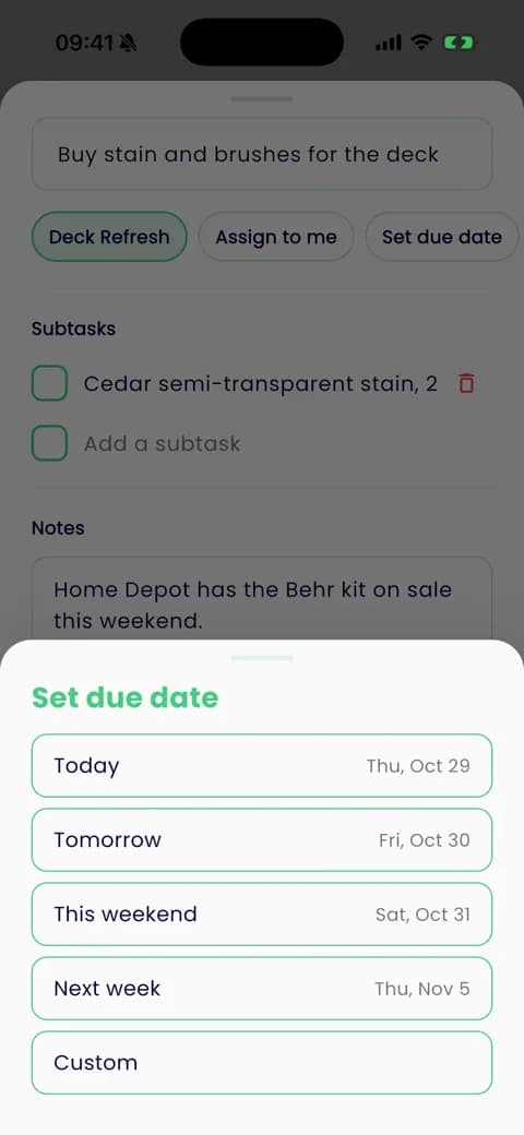 Prenta app: adding a task, with a due date sheet: Today, Tomorrow, This weekend, Next week or Custom