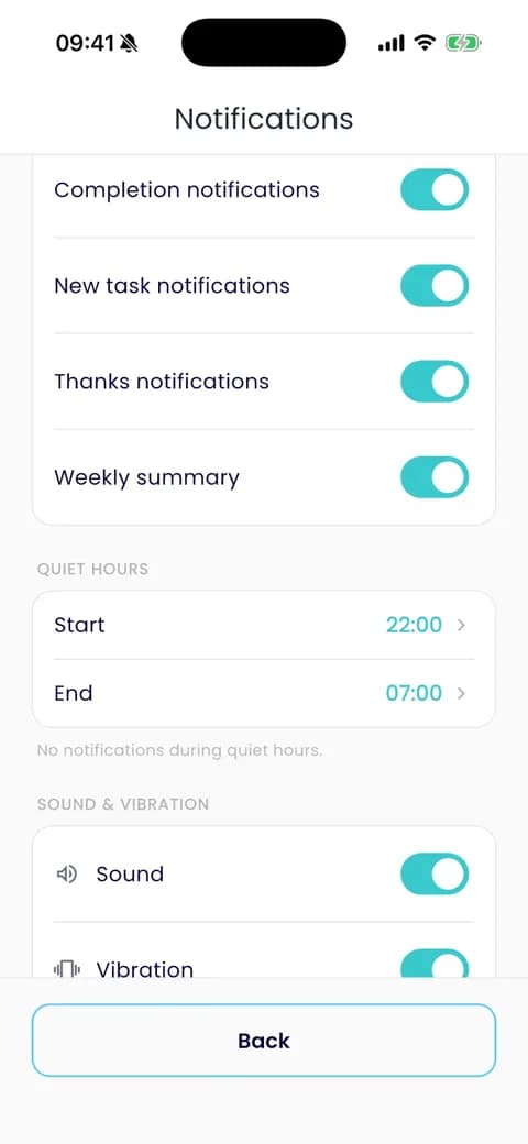 Prenta app: notification settings with toggles and quiet hours from 22:00 to 07:00