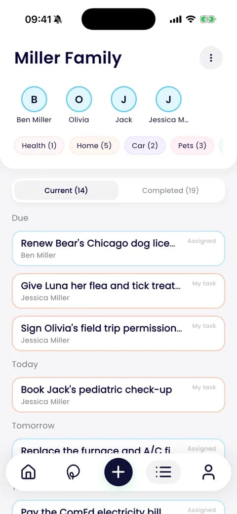 Prenta app: a household list with members, category filters and tasks by due day