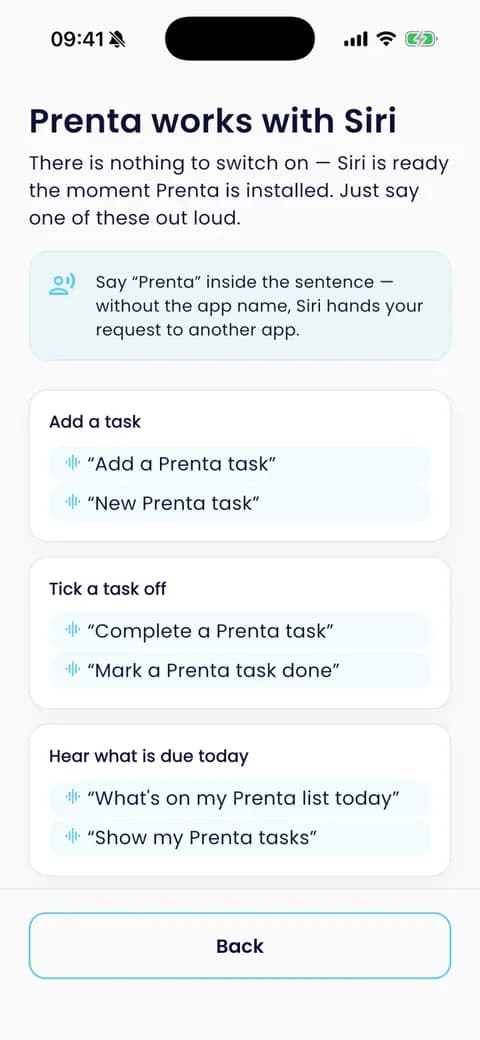 Prenta app: Prenta works with Siri, with example phrases to add a task, tick one off and hear what is due