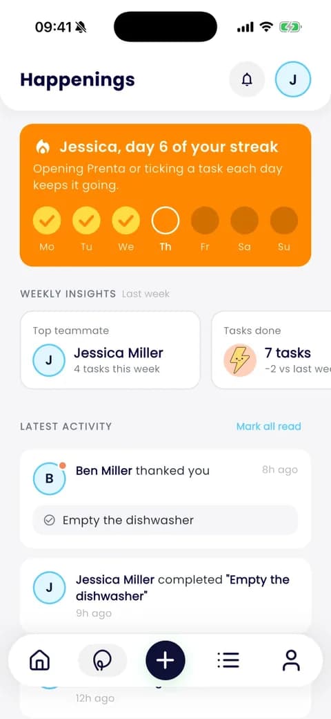 Prenta app: Happenings with a day streak, weekly insights and household thanks