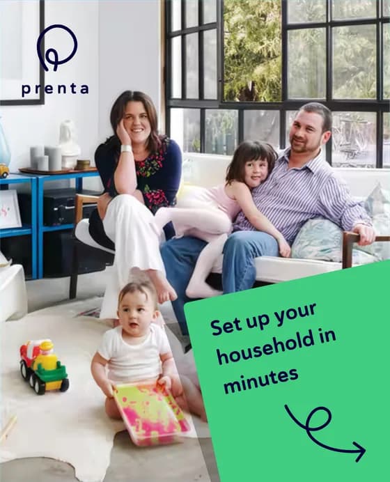Photo post: a family at home with a green card saying Set up your household in minutes