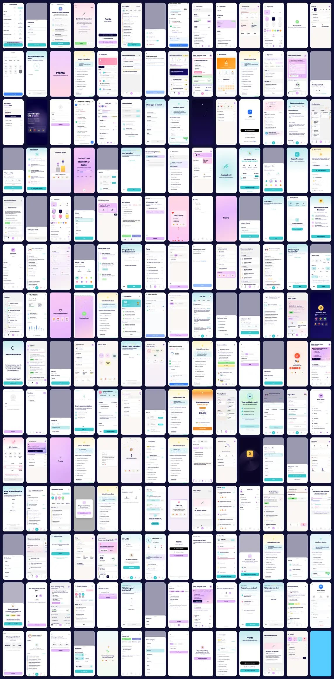 All 195 screens from the four prototype rounds, side by side