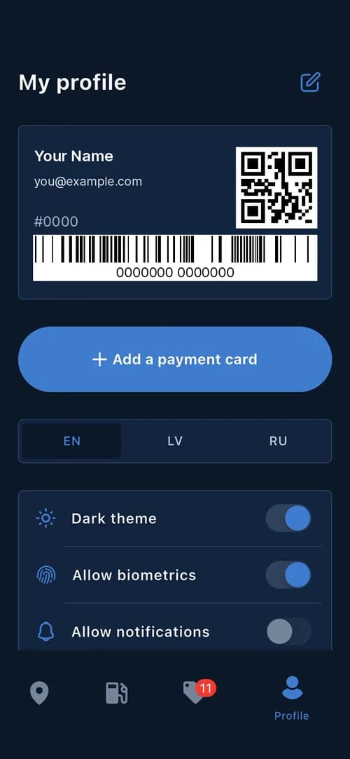 My profile: the loyalty card with name, customer number, QR code and barcode, shown here with placeholder data