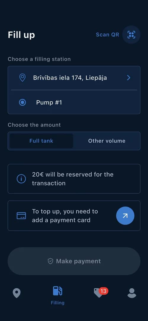 Fill up screen with Full tank selected: 20 euros will be reserved for the transaction, add a payment card, Make payment