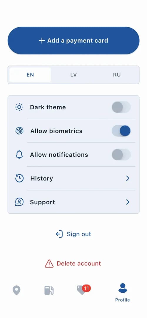 Profile settings in the light theme