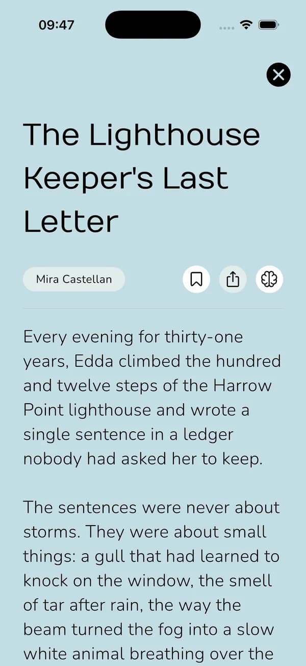 A short story open in Gonecase: the title, the author's name and three round buttons