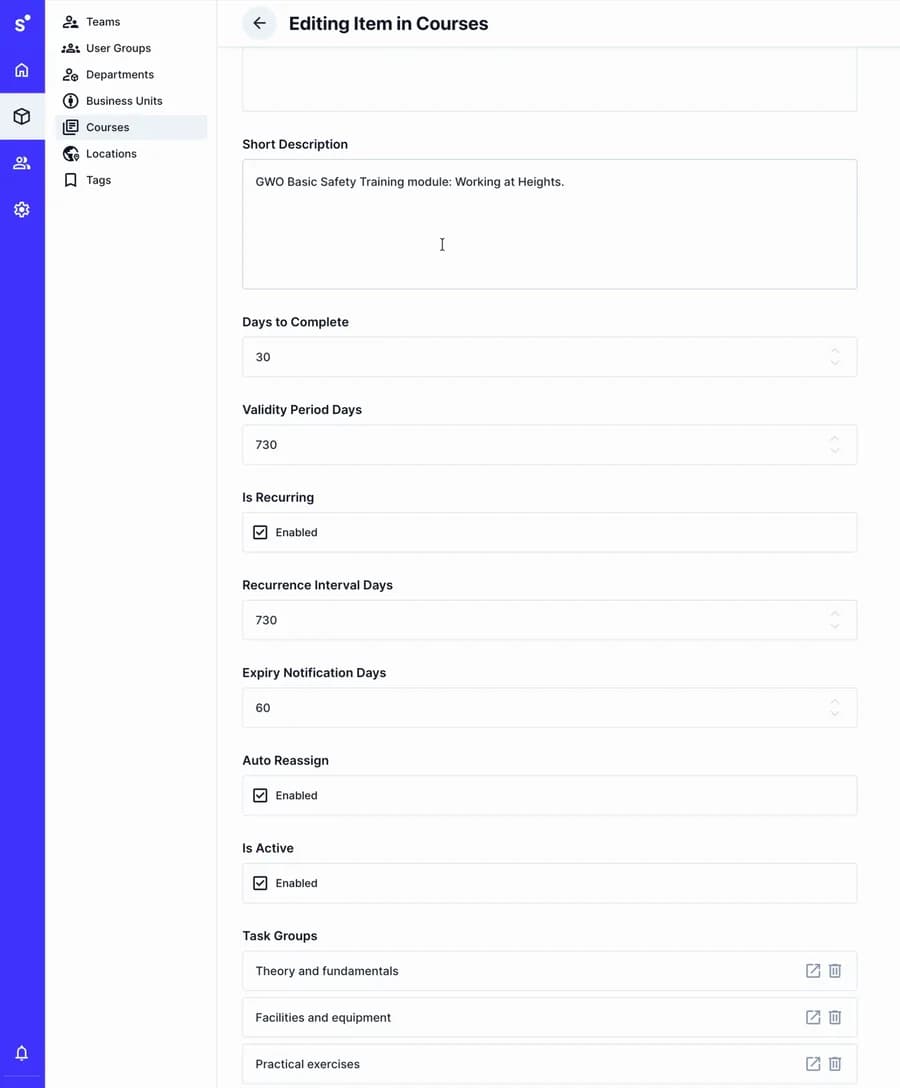 Editing a course in the admin panel: days to complete, validity period, recurring, recurrence interval, expiry notification days and auto reassign