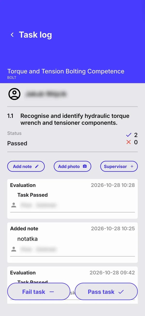 A task log in the Skillcredible app: status Passed, two passes and no fails, buttons for note, photo and supervisor, and the history of entries