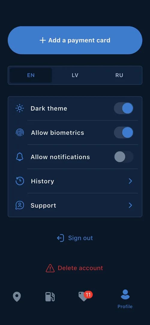 CrossChem app profile screen with settings, Sign out and a red Delete account button