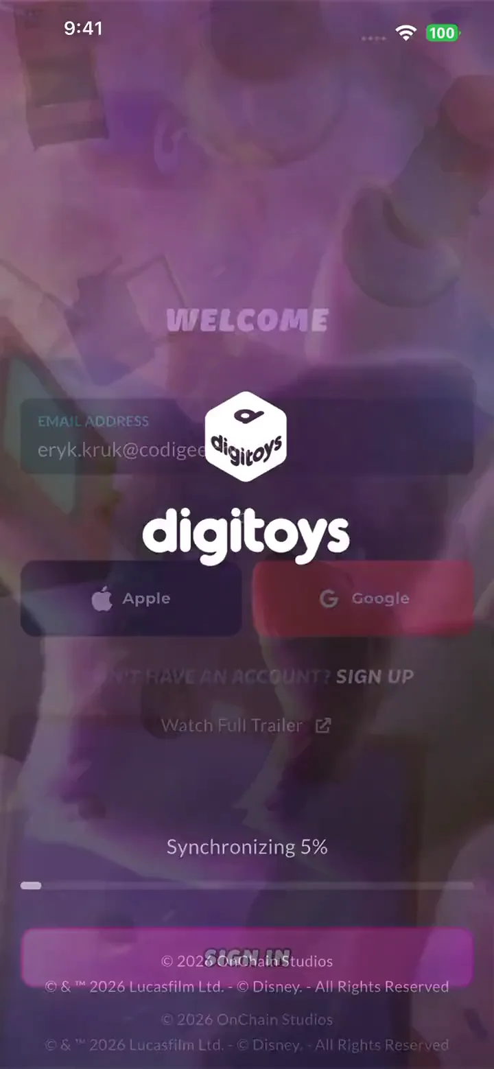 Digitoys splash screen: the white cube logo over flying toy boxes on a purple and pink nebula.