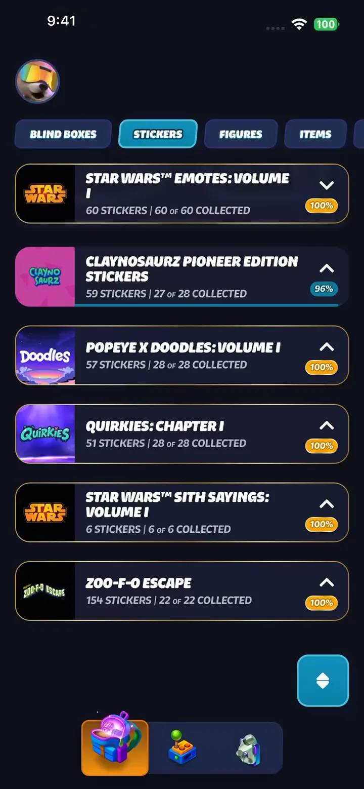 The Backpack stickers tab: sticker sets with how many of each are collected.