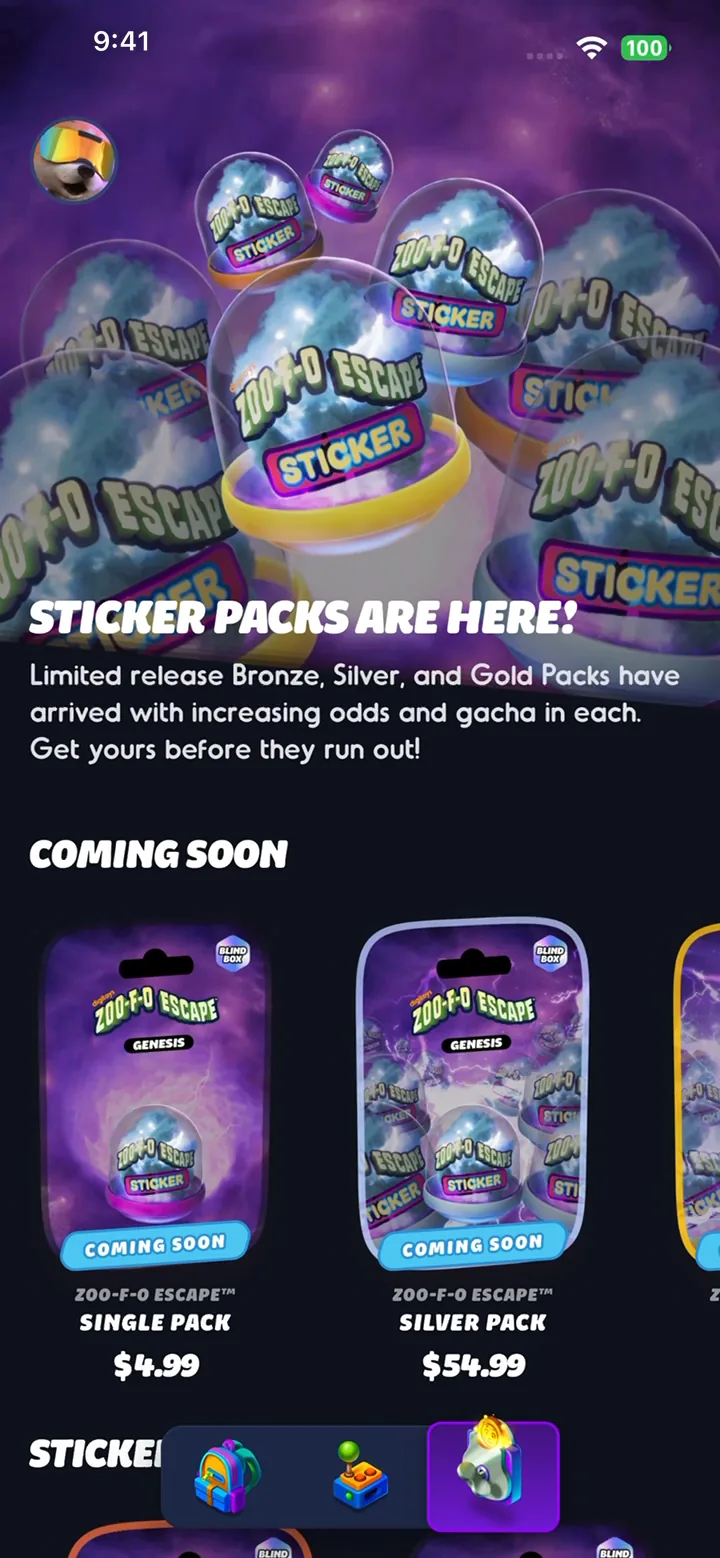 The Digitoys Shop opening on a banner for limited sticker packs, with single and silver packs below.