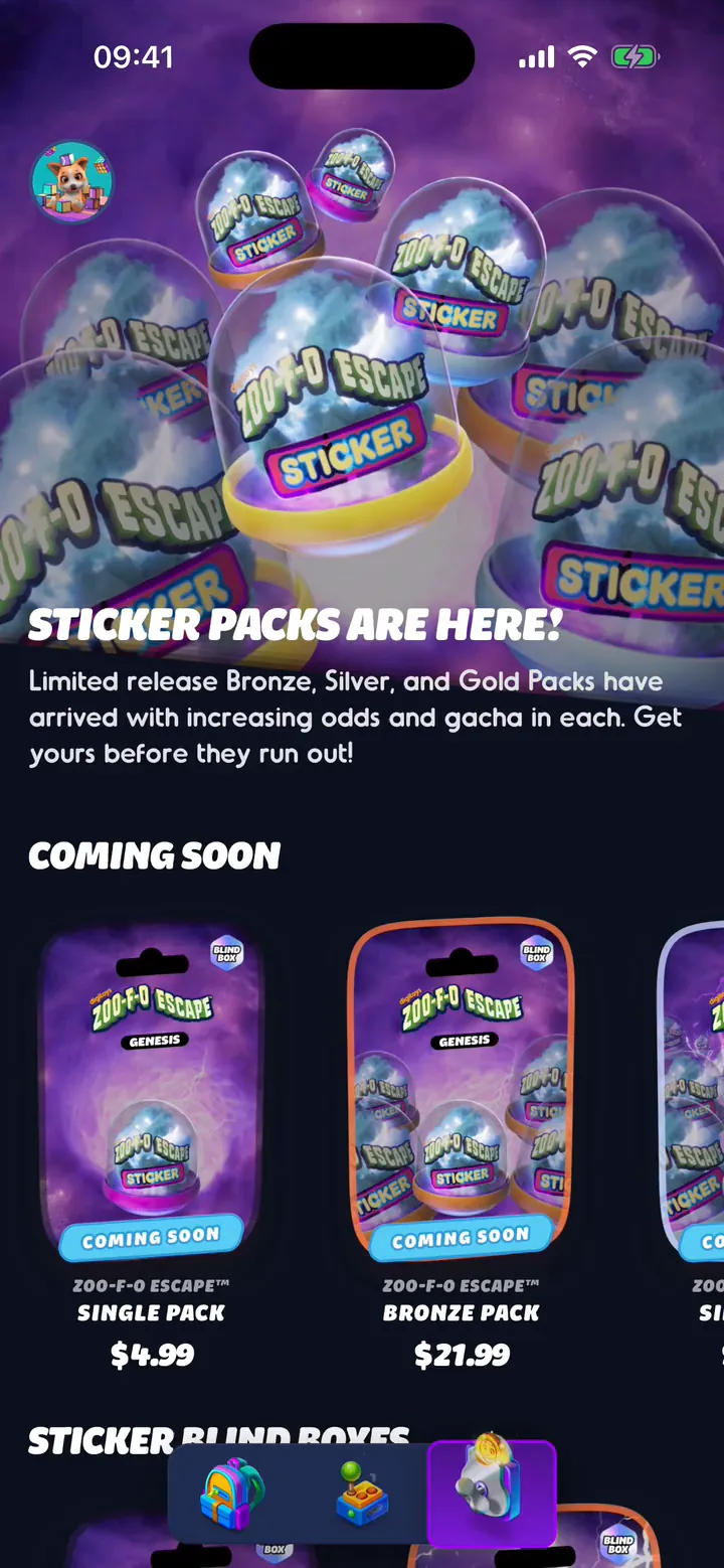 Sklep Digitoys otwarty na banerze Sticker Packs Are Here, poniżej paczki Zoo-F-O Escape, które pojawią się wkrótce.