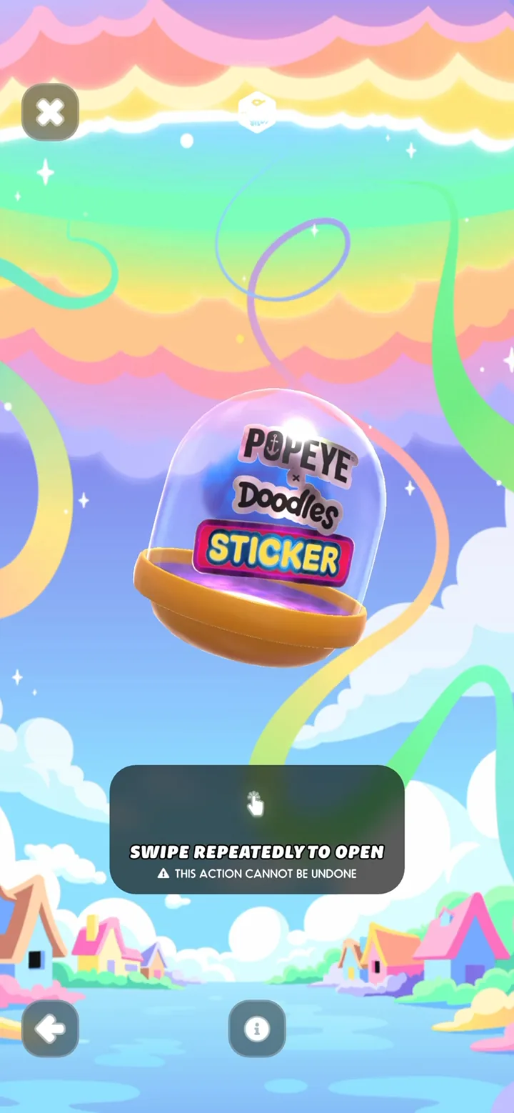 A Popeye x Doodles sticker capsule on a rainbow cartoon landscape, with the in-app hint to swipe it open.