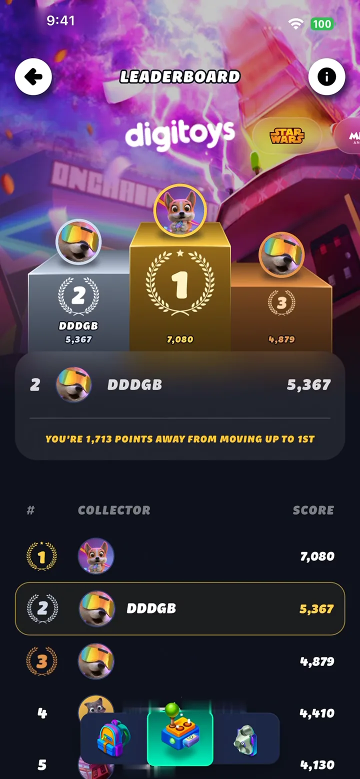 The Digitoys brand leaderboard: a podium with confetti above the collector ranking.