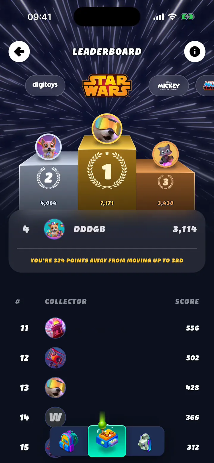 Rankingi marek w Digitoys dla Star Wars, Mickey and Friends, a potem Masters of the Universe, gdzie gracz jest trzeci, a na podium spada konfetti.