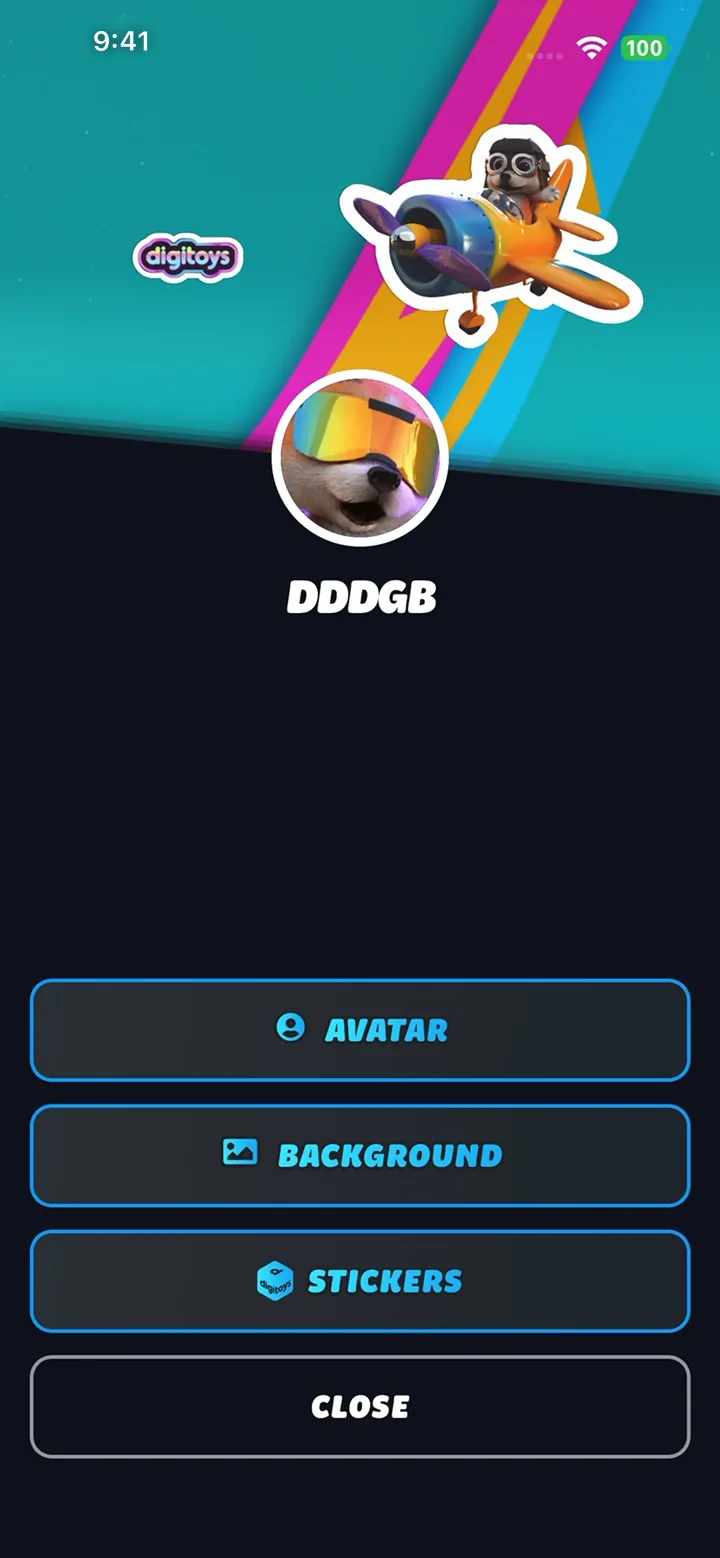 A finished Digitoys profile with a plane sticker on a rainbow header, above the avatar, background and stickers buttons.