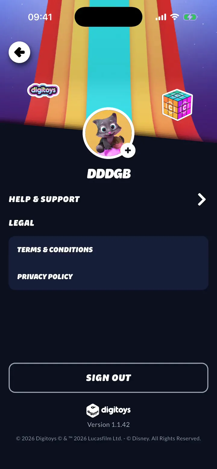 Profil Digitoys z tęczowym nagłówkiem, nad pozycjami Help and Support, Terms and Conditions i Privacy Policy.