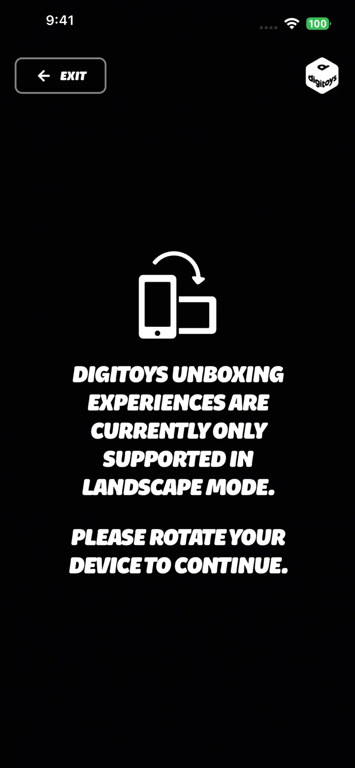The app asks you to rotate your device, because unboxing experiences play only in landscape mode.
