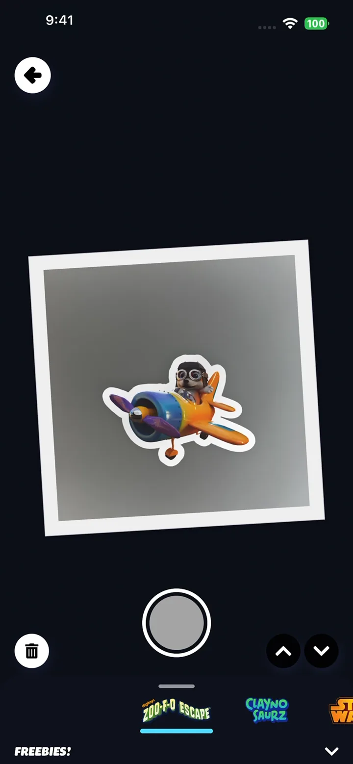 A plane sticker placed on a polaroid in Sticker Studio, with the sticker sets below.
