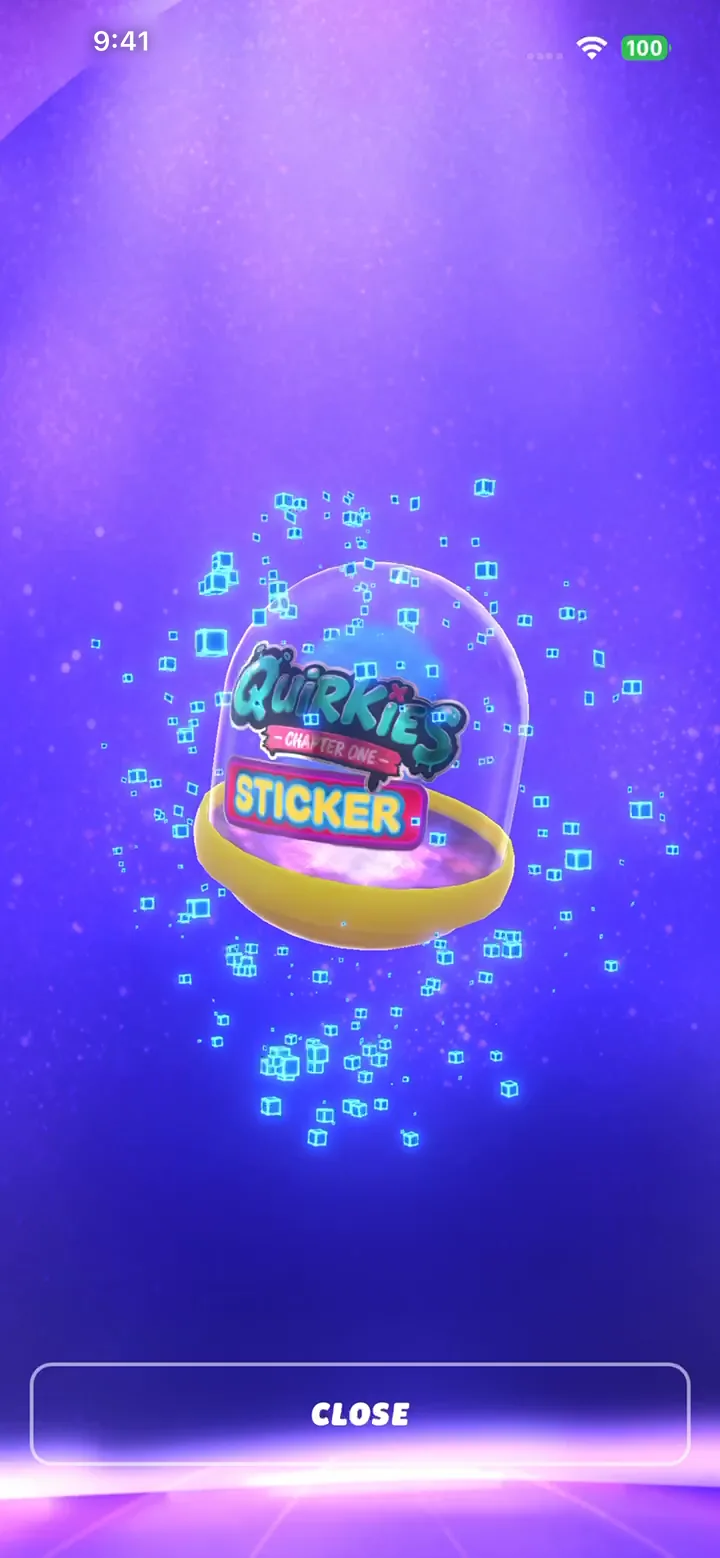 The 3D viewer: a Quirkies sticker capsule turns on a purple stage as pixel particles burst around it.